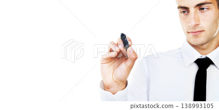 Pen, ideas and hand of man writing in white background, studio and invisible whiteboard. Businessman, planning and notes for strategy, problem solving and working with inspiration in backdrop Pen, ideas and hand of man writing in white background, studio and invisible whiteboard. Businessman, planning and notes for strategy, problem solving and working with inspiration in backdrop 138993105