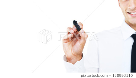 Pen, marker and hand of man writing in white background, studio and invisible whiteboard. Businessman, planning and notes for strategy, problem solving and working with ideas inspiration in backdrop Pen, marker and hand of man writing in white background, studio and invisible whiteboard. Businessman, planning and notes for strategy, problem solving and working with ideas inspiration in backdrop 138993110