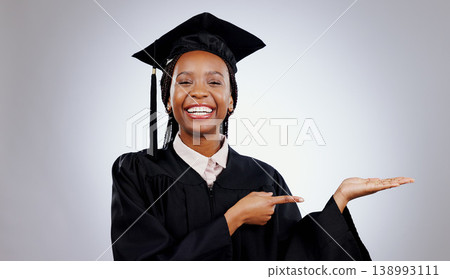 Graduate, black woman and portrait with pointing to college deal and academy promotion in studio. Happy, university student and school marketing with white background and African person with study Graduate, black woman and portrait with pointing to college deal and academy promotion in studio. Happy, university student and school marketing with white background and African person with study 138993111
