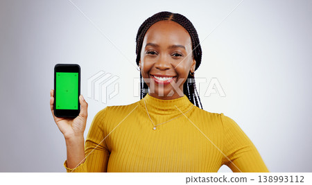 Happy woman, phone and green screen of marketing mockup, online presentation or news on white background. Portrait of african person on mobile app, website design space and tracking markers in studio Happy woman, phone and green screen of marketing mockup, online presentation or news on white background. Portrait of african person on mobile app, website design space and tracking markers in studio 138993112