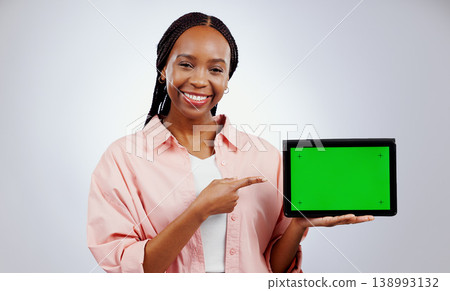 Woman, presentation and tablet green screen for e learning, online education or promotion on white background. Portrait, African student and digital technology, study opportunity or website in studio Woman, presentation and tablet green screen for e learning, online education or promotion on white background. Portrait, African student and digital technology, study opportunity or website in studio 138993132