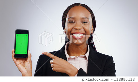 Professional woman, phone green screen and mockup of presentation, marketing or sign up information in studio. Business portrait, african worker and mobile for news or opportunity on white background Professional woman, phone green screen and mockup of presentation, marketing or sign up information in studio. Business portrait, african worker and mobile for news or opportunity on white background 138993138