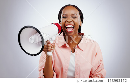Woman, megaphone and voice for announcement, broadcast or news of sale or discount on white background. Happy portrait of african person with call to action, attention and noise for winner in studio Woman, megaphone and voice for announcement, broadcast or news of sale or discount on white background. Happy portrait of african person with call to action, attention and noise for winner in studio 138993152