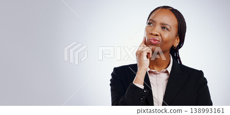 Business woman, thinking and confused for marketing solution, decision and planning in studio mockup or banner. African worker search for inspiration, doubt and problem solving on a white background 138993161