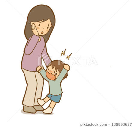 [Explanation: Anxious Attachment Style] A child approaches their mother angrily and crying. Illustrated explanation of the ambivalent and secure attachment styles. 138993657