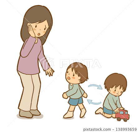 【說明:混亂型】孩子在母親和玩具之間感到困惑;依戀類型和不安全行為的例證;兒童福利。 【說明:混亂型】孩子在母親和玩具之間感到困惑;依戀類型和不安全行為的例證;兒童福利。 138993659