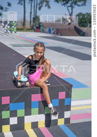 A happy athletic girl with a skateboard sits on the ramp of a skate park. Extreme sports lessons. A happy athletic girl with a skateboard sits on the ramp of a skate park. Extreme sports lessons. 138993683