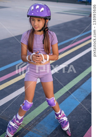 A beautiful girl in short shorts, a sports helmet and knee pads stands on roller skates. Children's sports hobbies 138993686