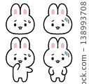 A set of illustrations of a troubled, depressed white rabbit. 138993708
