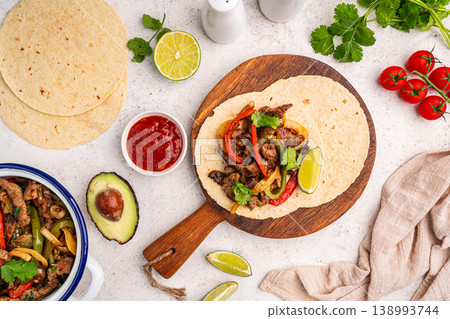 Fajitas, beef meat slices 138993744