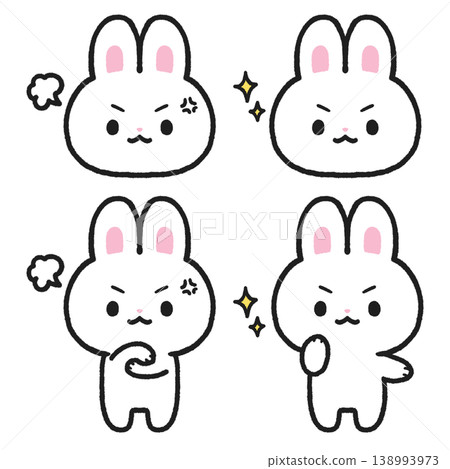 一組描繪一隻表情憤怒而堅定的白兔的插圖。 138993973