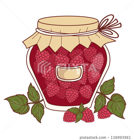 Rustic Glass Jar Of Red Raspberry Jam. Natural Preserve With Craft Paper Lid and Blank Label, Berries and Leaves. Summer Fruit Vitamin Harvest. Homemade Grandma's recipe. Vector Illustration. 138993981