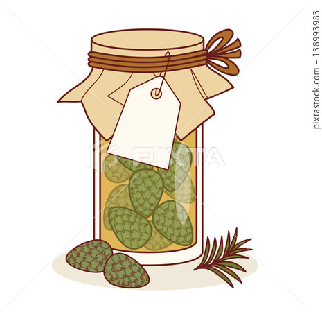 Young Green Pine Cones In Golden Syrup. Glass Jar With Coniferous Elixir And Blank White Craft Tag For Text. Vector Illustration. Homemade Natural Ecological Food, Preserve. 138993983