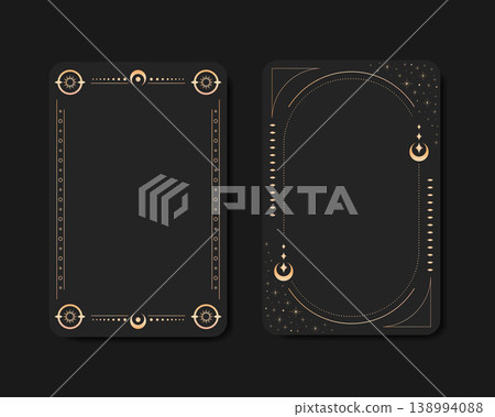 Golden celestial sun and crescent Tarot cards. Shiny golden Tarot card frames with celestial elements. Vector illustration Golden celestial sun and crescent Tarot cards. Shiny golden Tarot card frames with celestial elements. Vector illustration 138994088