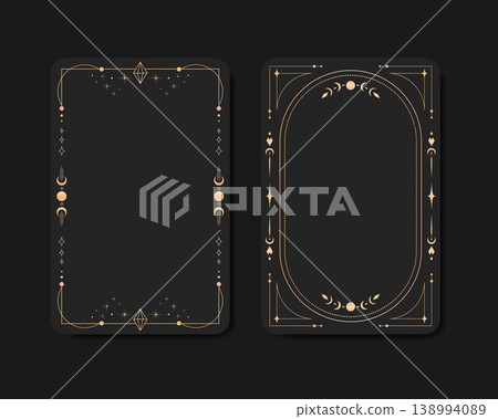 Golden magical Tarot cards. Shiny golden Tarot card frames with celestial elements. Vector illustration Golden magical Tarot cards. Shiny golden Tarot card frames with celestial elements. Vector illustration 138994089