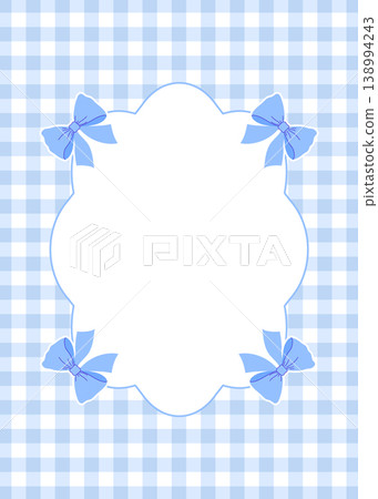Blue gingham frame with scalloped border and ribbon bow. Checkered card template for baby shower design. Blue gingham frame with scalloped border and ribbon bow. Checkered card template for baby shower design. 138994243