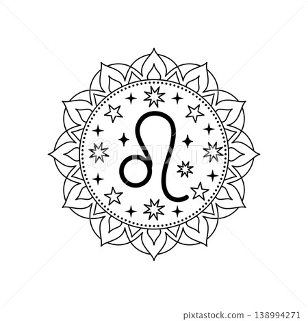 Leo zodiac sign in line art style with mandala frame. Handdrawn celestial symbol illustration. Leo zodiac sign in line art style with mandala frame. Handdrawn celestial symbol illustration. 138994271