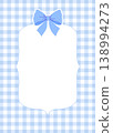Blue gingham frame with empty space and bow. Checkered card template for baby shower and birthday. 138994273