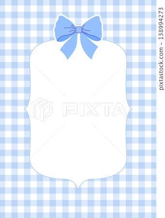 Blue gingham frame with empty space and bow. Checkered card template for baby shower and birthday. Blue gingham frame with empty space and bow. Checkered card template for baby shower and birthday. 138994273