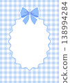 Blue gingham frame with bow and wavy scalloped border. Checkered card template for baby shower or birthday. 138994284
