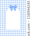 Blue arch frame with a bow on a gingham background. Vertical checkered template for baby shower or birthday. 138994285