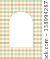 Pastel arch frame on green and peach gingham background. Vertical checkered template for spring invitations. 138994287