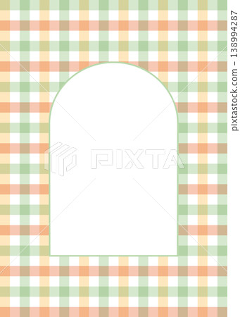 Pastel arch frame on green and peach gingham background. Vertical checkered template for spring invitations. Pastel arch frame on green and peach gingham background. Vertical checkered template for spring invitations. 138994287