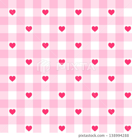 Seamless pink gingham pattern with hearts. Romantic checkered vector background. Seamless pink gingham pattern with hearts. Romantic checkered vector background. 138994288