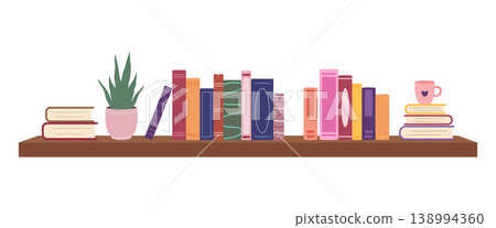 Wooden bookshelf with colorful books in stacks potted succulent plant Wooden bookshelf with colorful books in stacks potted succulent plant 138994360