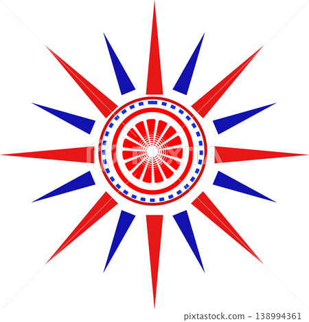Vibrant Red and Blue Starburst Emblem with Central Spoked Wheel, Symbolizing Direction, Patriotism, or Nautical Themes 138994361