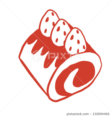 Minimal red vector illustration of a sweet roll cake with strawberry topping, sliced section, and dripping glaze. Clean hand-drawn style, isolated on white background Minimal red vector illustration of a sweet roll cake with strawberry topping, sliced section, and dripping glaze. Clean hand-drawn style, isolated on white background 138994468