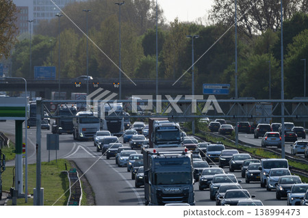 Rotterdam, The Netherlands, 04.16.2026. Heavy Traffic Congestion on Rotterdam Ring Road Near Alexander Interchange 138994473