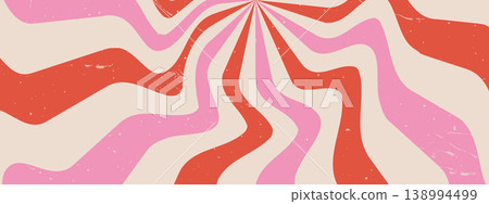 Swirl groovy Starburst. Psychedelic banner with wavy stripes. Grunge abstract background. Vintage Vector pattern 138994499