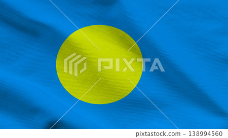 Sovereignty symbolized by a blue and yellow Palau flag waving in the wind 138994560