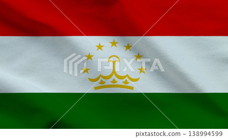 Sovereign flag of Tajikistan waving in the wind against a clear blue sky 138994599