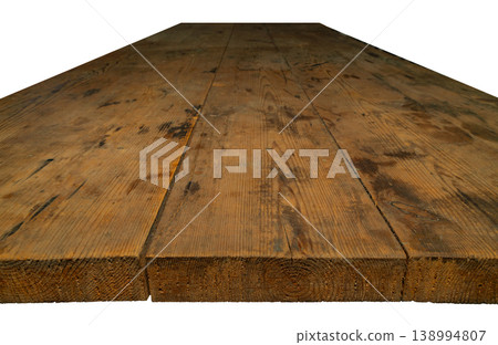 Perspective view of an old rustic wooden tabletop or shelf isolated on a transparent background, ideal for product display, mockup, and design presentation. Perspective view of an old rustic wooden tabletop or shelf isolated on a transparent background, ideal for product display, mockup, and design presentation. 138994807