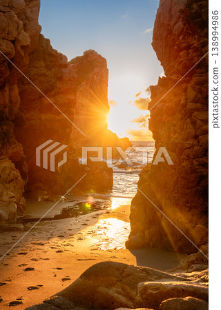 Praia da Ursa beach, Sintra-Cascais Natural Park, Portugal, cliffs in the sea at sunset Praia da Ursa beach, Sintra-Cascais Natural Park, Portugal, cliffs in the sea at sunset 138994986