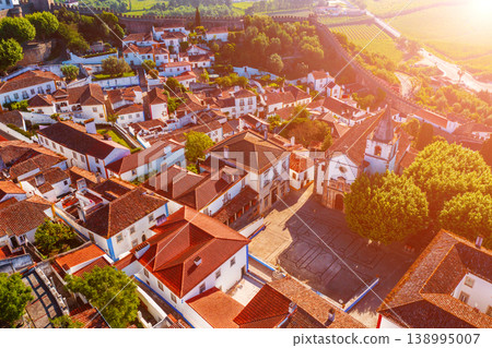 Aerial view of Obidos with historic walls and castle, Leiria district, Portugal Aerial view of Obidos with historic walls and castle, Leiria district, Portugal 138995007