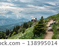 Mountain landscape with daffodil narcissus flowers and shelter house on Golica, Slovenia, at spring 138995014
