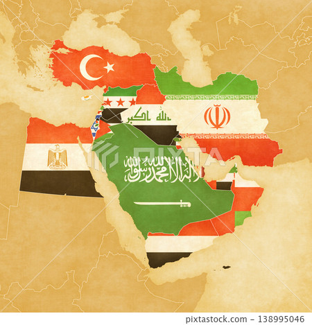 Ocher map of Middle East - Flags of all countries Ocher map of Middle East - Flags of all countries 138995046