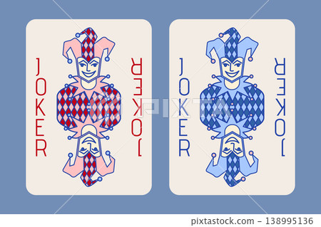 Set of two joker playing cards vector pink blue style design Set of two joker playing cards vector pink blue style design 138995136