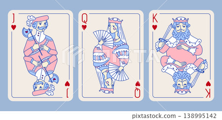 Queen King Jack of Hearts playing cards set vector pink blue style Queen King Jack of Hearts playing cards set vector pink blue style 138995142