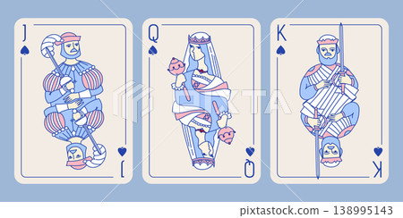 Queen King Jack of Spades playing cards set vector pink blue style 138995143