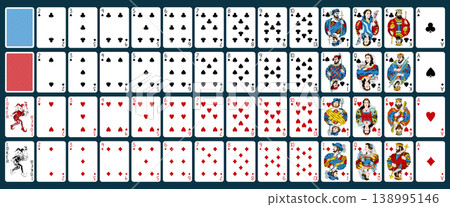 Full playing cards deck 54 cards with back design, vintage vector 138995146