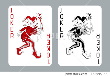 Black and red Joker playing card set. Vector vintage retro jester design 138995156
