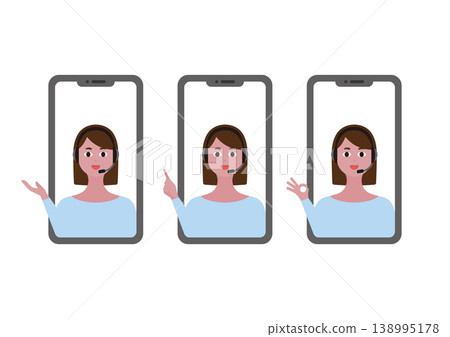 A set of vector illustrations of a female operator making a call on her smartphone and hand gestures. 138995178
