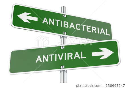 Antibacterial and Antiviral road signs with opposite arrows. 3D rendering 138995247