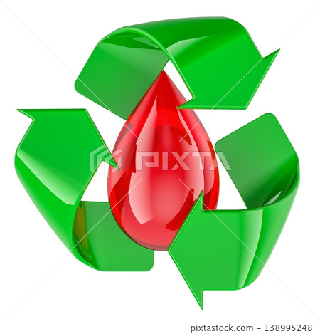 Blood drop with recycle symbol. Donation and blood processing and plasma reuse, concept. 3d rendering 138995248