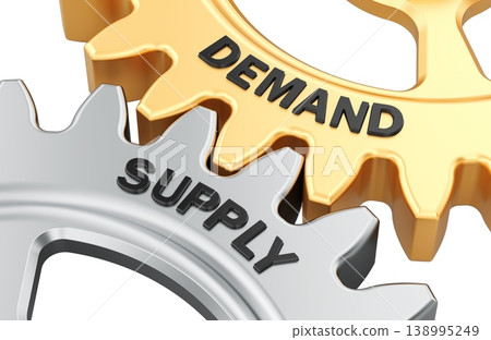 Demand and Supply concept with interlocking cogwheels, 3d rendering Demand and Supply concept with interlocking cogwheels, 3d rendering 138995249