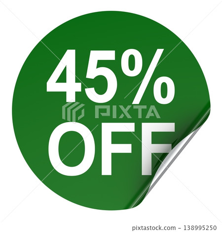 Discount sticker 45 percent off, round label with peeling corner. 3D rendering Discount sticker 45 percent off, round label with peeling corner. 3D rendering 138995250
